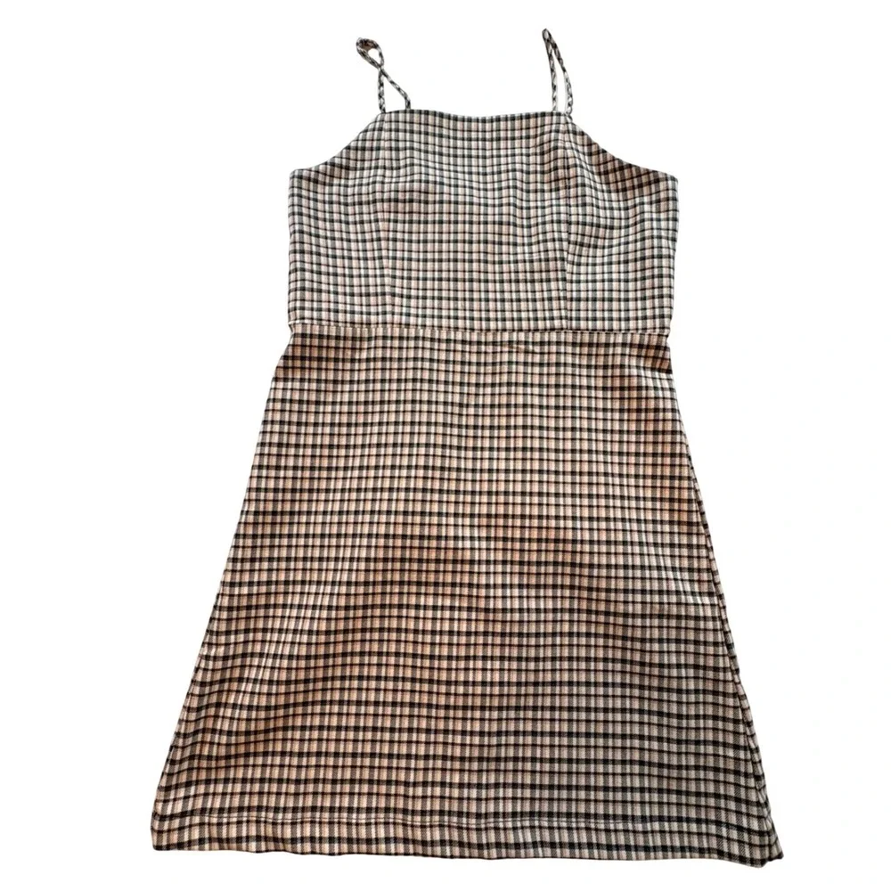 GB Girls Plaid Pinafore Dress Girls Size 14 Black Tan Checkered Sleeveless Mini